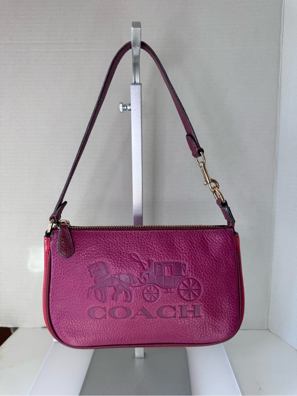 Coach Magenta Leather Shoulder Bag with Embossed Carriage